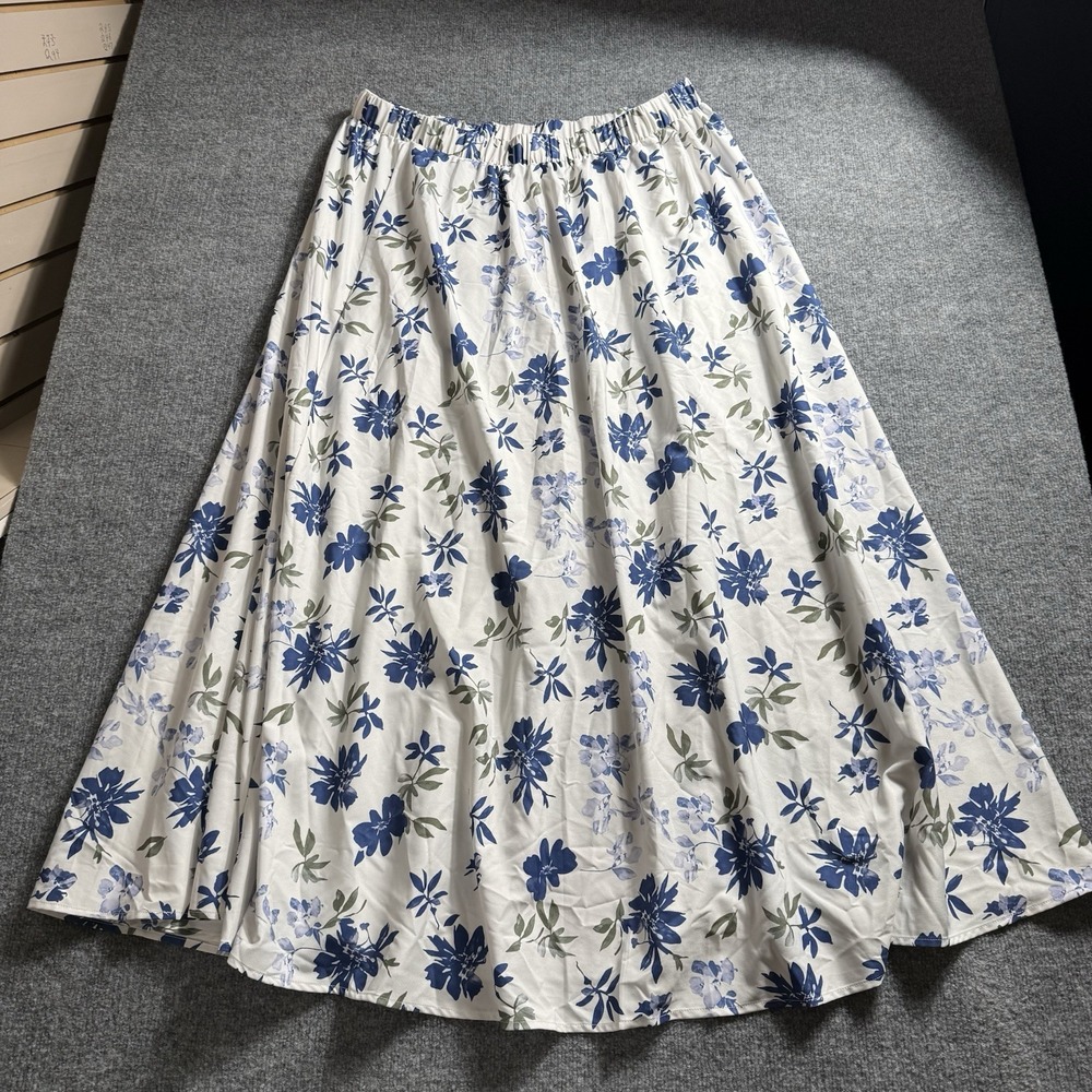 Blue Floral Print Skirt Elastic Waist White A Line Flowy Boho Casual Skirt 4X